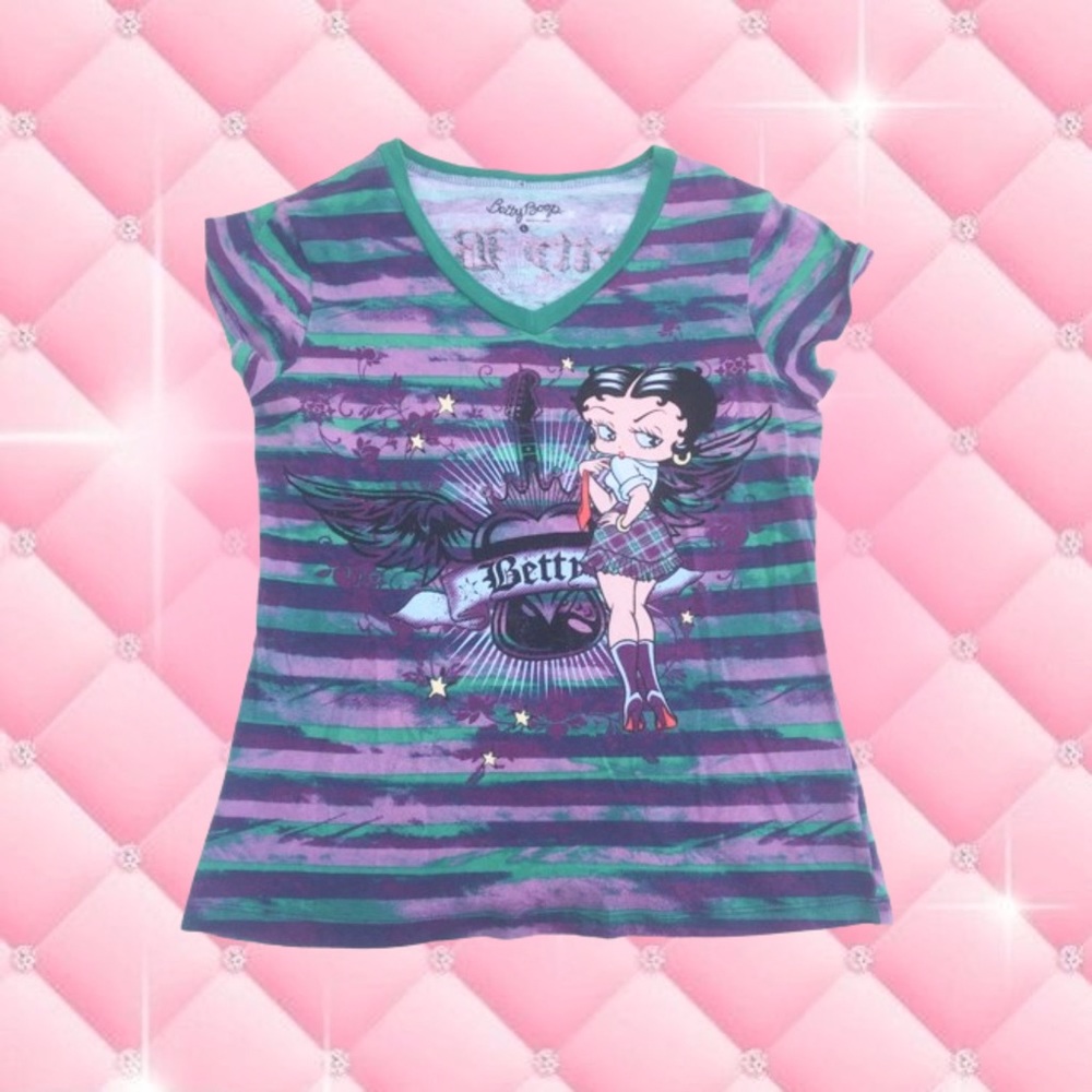 Y2k Striped graphic Betty Boop V neck tee 💜